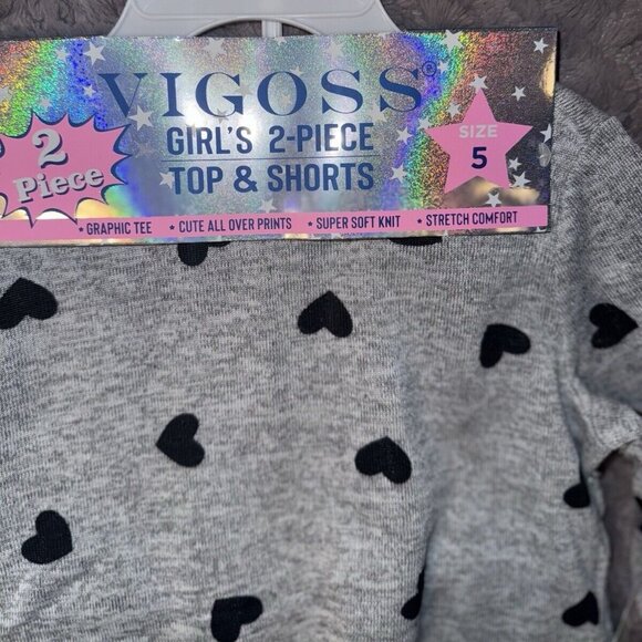 Vigoss Girls Soft Gray Heart Print 2 Piece Top & Shorts Knit Set - Picture 2 of 4